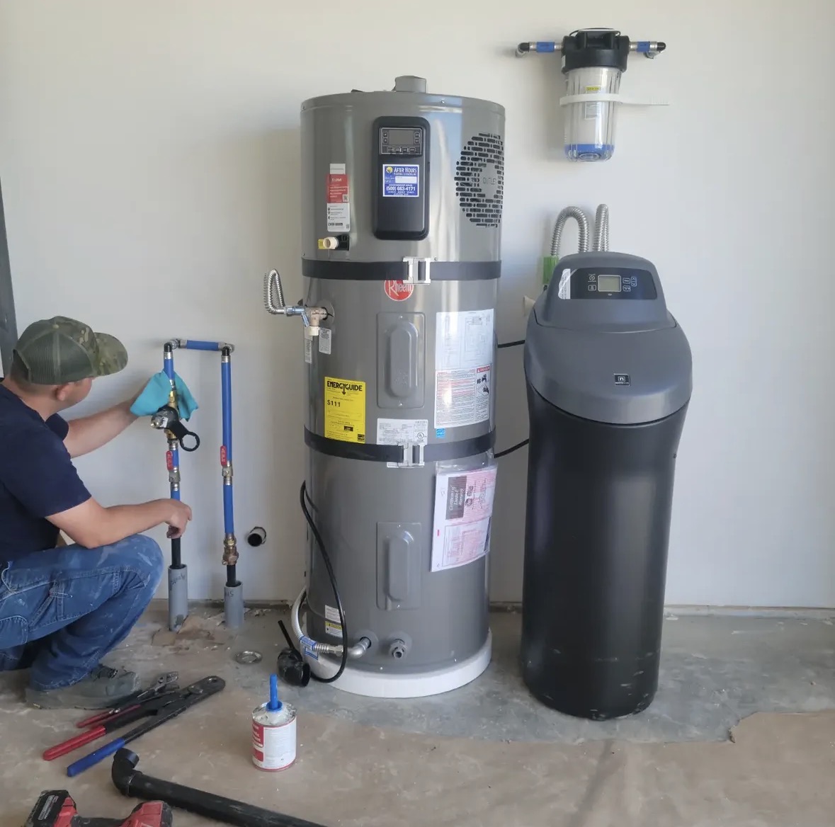 Hybrid heat pump water heater & softener