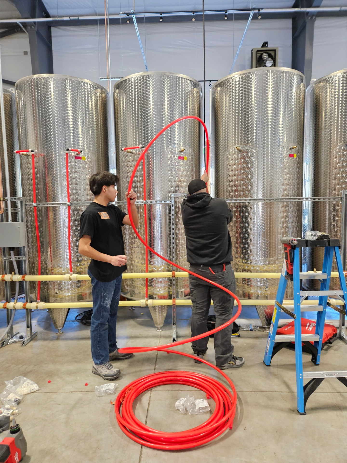 Winery chiller glycol lines run to fermentation tanks